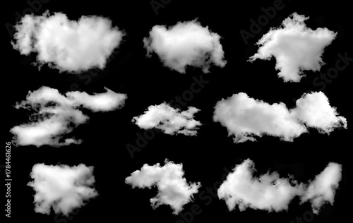 Set of fluffy white clouds isolated on black background, realistic sky elements ideal for weather design, photo editing, and digital illustration projects.