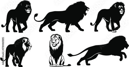 Behang Lion silhouette set, black vector animals, roaring and leaping lions, majestic w