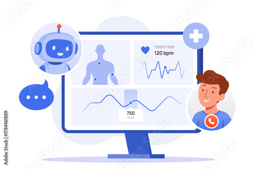 AI medical chatbot on a desktop monitor displaying a patient health dashboard with heart rate, body analysis, and calorie data. Remote monitoring illustration concept.