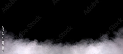 White smoke rising from the bottom on black background, creating foggy atmosphere and soft texture. Ideal for design, presentation background, or cinematic scene effects.