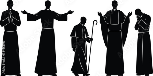 Religious priests silhouettes, clergy men praying and blessing, Christian worship illustration, faith and spirituality concept, holy ceremony poses, church service devotion