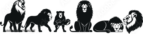 Lion silhouette set, black vector animals, roaring and resting lions, cub interaction, majestic wildlife icons, jungle predator design, nature illustration