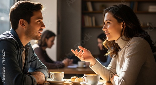 Dialogue in the Cafe: A moment of intimate conversation unfolds as a couple engages in a deep discussion within a cozy cafe setting, highlighting connection and shared experience.