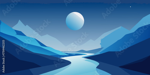 Blue Mountain Valley with River and Moon vector illustration