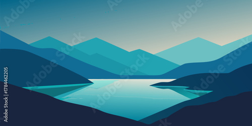 Deep Blue Mountain Valley with Reflecting Teal Water