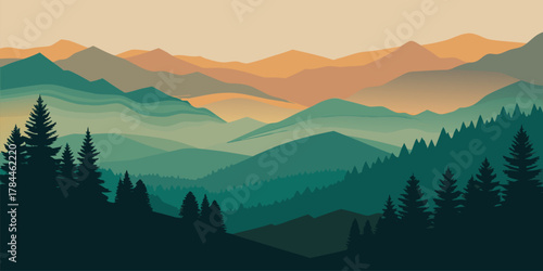 Layered Mountains with Pine Forest Silhouette landscape
