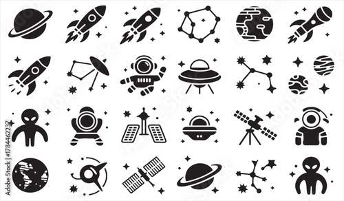Vector illustration of cosmic symbols including rocket, planet, and alien for space exploration art