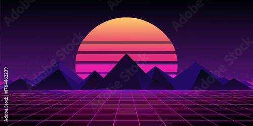 Retro Sunset Over Geometric Mountains and Grid landscape