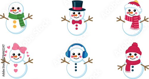 Collection of six adorable cartoon snowmen with winter accessories