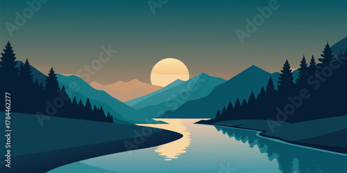 Sunset River Valley with Layered Mountains and Reflection