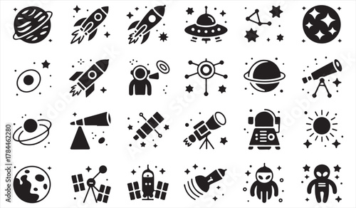 Astronomy silhouette collection featuring rockets, UFOs, and astronauts for science design themes