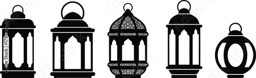 Traditional lantern silhouettes, black vector lamps, Islamic festive decor, ornate hanging lights, vintage illumination icons, cultural lighting elements, Ramadan design inspiration