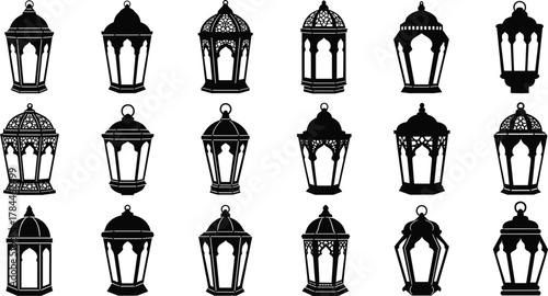 Traditional lantern silhouettes, vintage lamp icons, Islamic decor elements, black vector lanterns, ornate hanging lights, cultural illumination symbols, Ramadan design inspiration