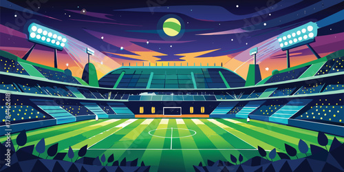 Nighttime soccer stadium illustration vector art background sports arena football field design

