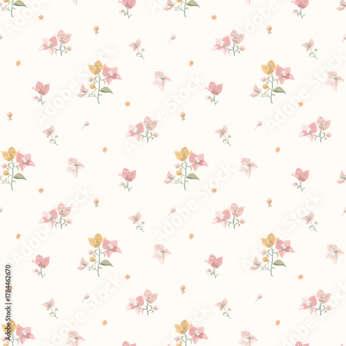 Hand drawn flower pattern, floral seamless pattern, cottagecore ditsy tile print, Bougainvillea flower print on light  background, sweet flower style, design for fashion, texture, fabric, wallpaper