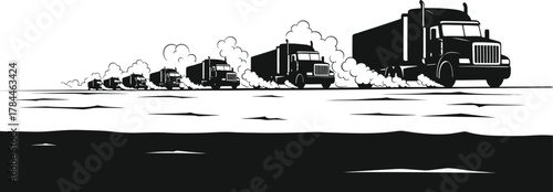 A convoy of semitrucks travels along the road, each leaving a trail of smoke, isolated on white background a monochrome illustration of transportation