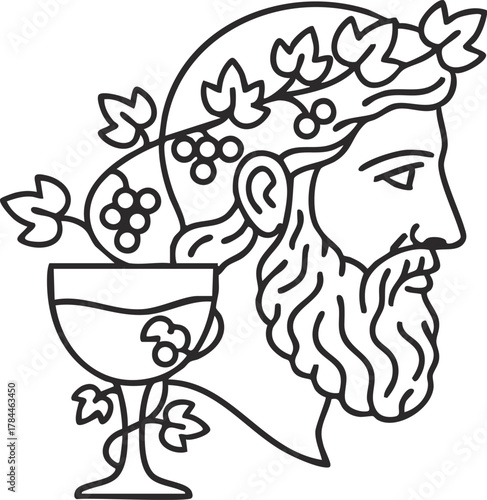 Dionysus Bacchus Logo with Grapes and Leaves for Winemakers and Bars