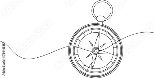 Black outline compass with wavy line on white navigation