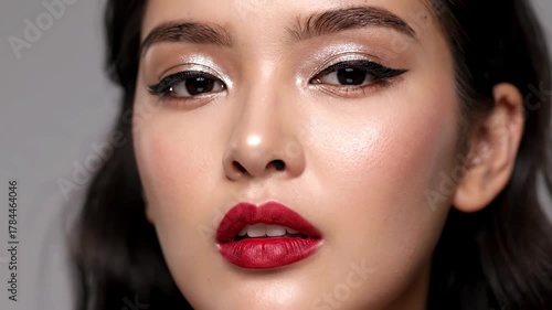 Close Up Portrait of Young Asian Woman with Glitter Makeup on Eyes and Eyebrows with Dark Red Lipstick on Gray Background Under Studio Lighting