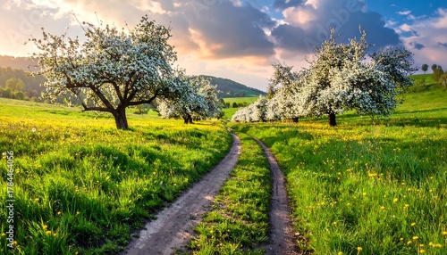 Idyllic spring landscape with blossoming trees and a winding path.