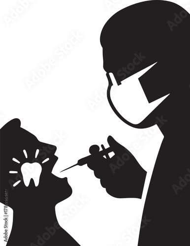 Dentist face silhouette wearing surgical mask and glasses, symbolizing protection and care.