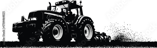 A black and white vector illustration of a tractor tilling the field, showcasing agricultural machinery and the process of soil cultivation