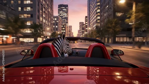 Red Convertible Zebra Driving in City Street at Sunset with Illuminated Buildings and Streetlights under Cloudy Sky View from Back