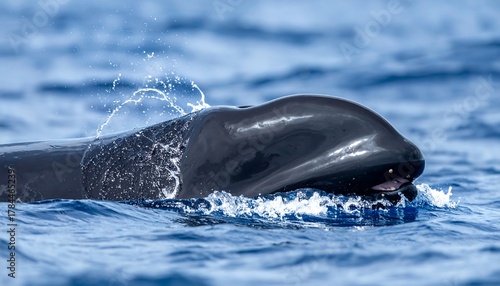 Fototapeta Naklejka Na Ścianę i Meble -  A sleek, black marine mammal gracefully surfaces, its smooth skin reflecting sunlight as it parts the water, creating a splash