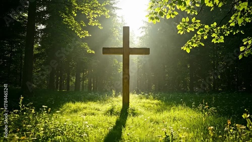 Sunlit Wooden Cross in a Green Meadow, Forest Background, Sunny Day, Hope and Faith Symbolism, Outdoors, Lush Green Grass, Sunlight Piercing Through