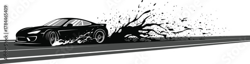 A black sports car drifting on a road, leaving a trail of tire marks and debris isolated on white background a dynamic and powerful vector illustration