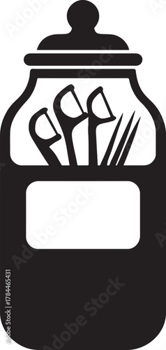 Large jar silhouette filled with dental floss and toothpicks, symbolizing oral hygiene tools.