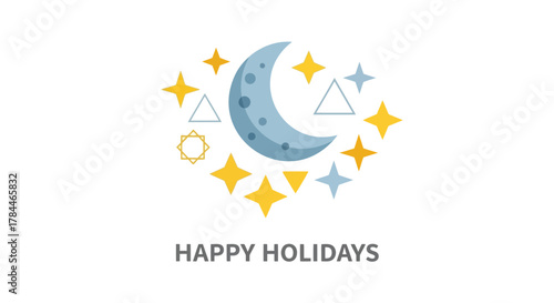 Stylized crescent moon and stars illustration with happy holidays text on a white background