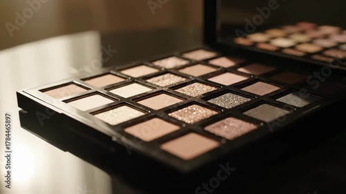 Opened Eyeshadow Palette in Black Casing on a Reflective Table with Neutral Colors and Soft Lighting in Studio Shot