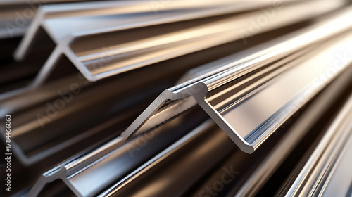 Metal profiles stacked with precision, casting sleek shadows and reflecting light in a modern, industrial aesthetic. Each profile showcases the strength and form of craftsmanship.