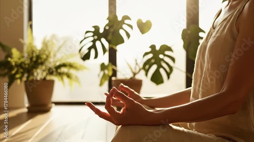 young woman relaxing with yoga at home