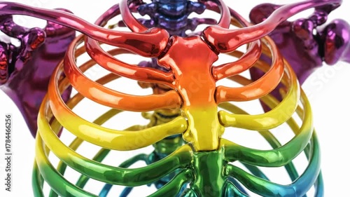 Rainbow Colored Rib Cage Anatomy Model on White Background Anatomical Structure Close Up Bright Lighting Realistic Render