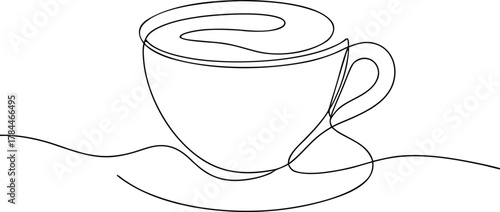 Single line drawing of a coffee cup and saucer continuous line