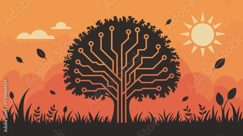 Modern technology meets nature's beauty in a vibrant, conceptual landscape perfect for innovative tech branding and forward-thinking environmental campaigns