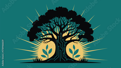Modern tech tree illustration symbolizing nature and technology integration, ideal for eco-friendly innovation and futuristic design concepts now!