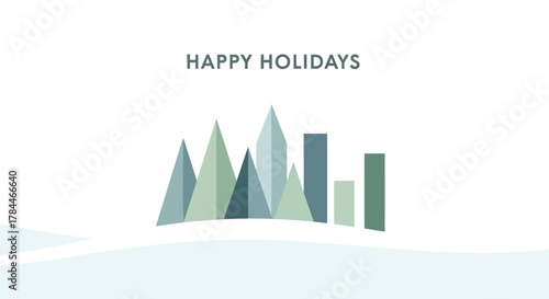 Happy holidays text above abstract geometric winter landscape with stylized trees and snow covered hills