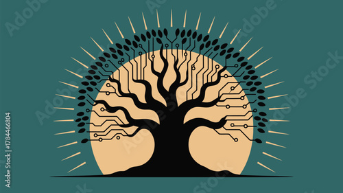 Modern technology tree with circuit branches for futuristic innovation concepts, digital transformation and ecological balance with technological growth