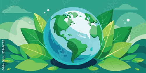 Green earth day globe with leaves vector illustration for environment and ecology projects
