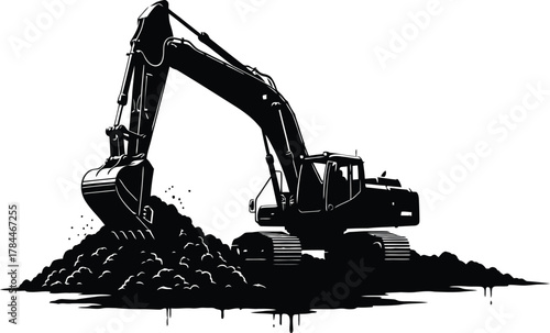 Silhouette of a powerful excavator digging and moving earth, isolated on white background, showcasing heavy machinery in construction and mining
