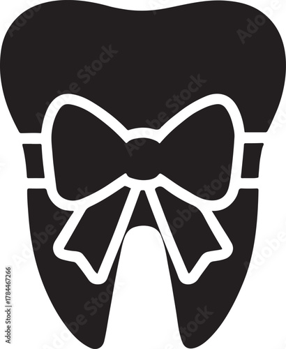 Tooth silhouette wrapped in ribbon, symbolizing gift of healthy smile and dental care.