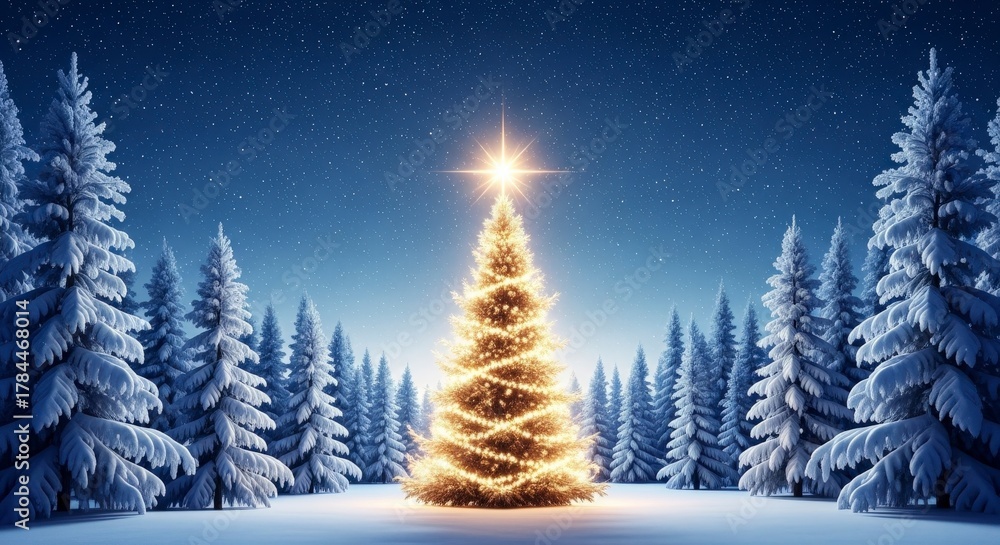Obraz premium Breathtaking winter landscape featuring a radiant Christmas tree amidst snowy evergreens under starry night, ideal for festive designs on transparent background