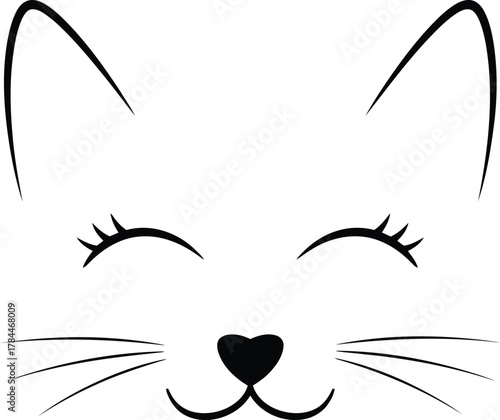 Cute hand drawn black and white cat face with closed eyes and whiskers