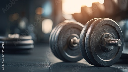 Close-up of a weightlifting dumbbell at a gym, bathed in natural light, blurred background
