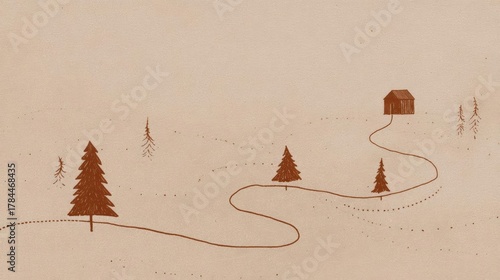 Illustration of a winding road with a small cabin on the right side. the road is made up of small dots and lines, and there are several trees on either side of the road.