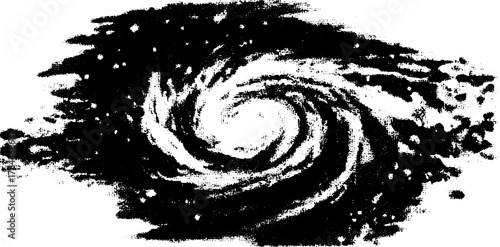 Galaxy vortex illustration in black and white. Detailed line drawing in vector style featuring swirling patterns.