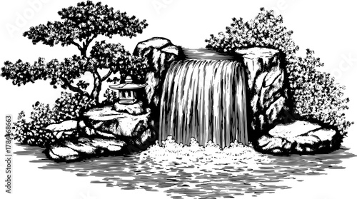 Vintage line drawing of a waterfall with rocks and trees in a garden setting. This detailed vector illustration showcases a serene composition.